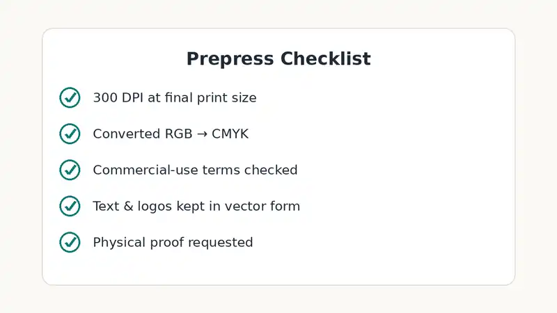 Prepress checklist graphic listing five checks: 300 DPI resolution, RGB to CMYK conversion, commercial-use terms, vector text and logos, and a physical proof
