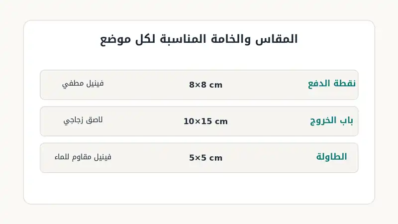 جدول يوضح المقاس والخامة المناسبة لاستيكر تقييم جوجل حسب موضع التركيب: نقطة الدفع، باب الخروج، والطاولة