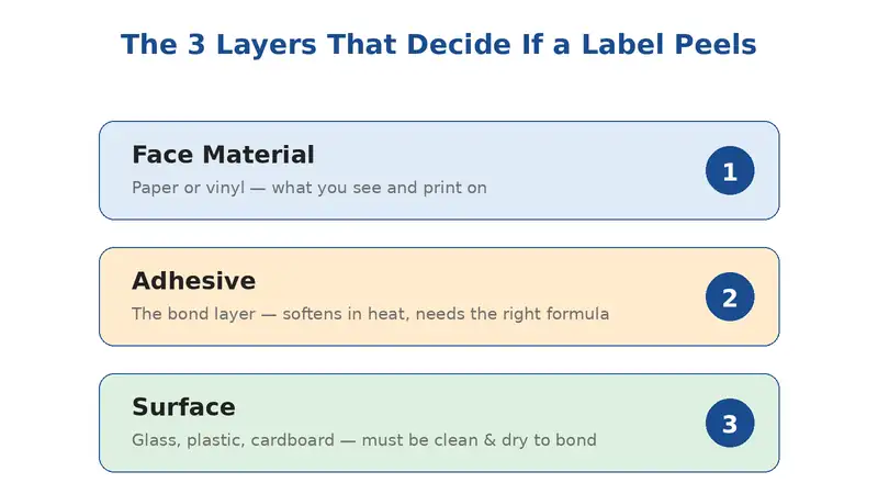 Diagram of the three layers of a product label: face material, adhesive, and surface