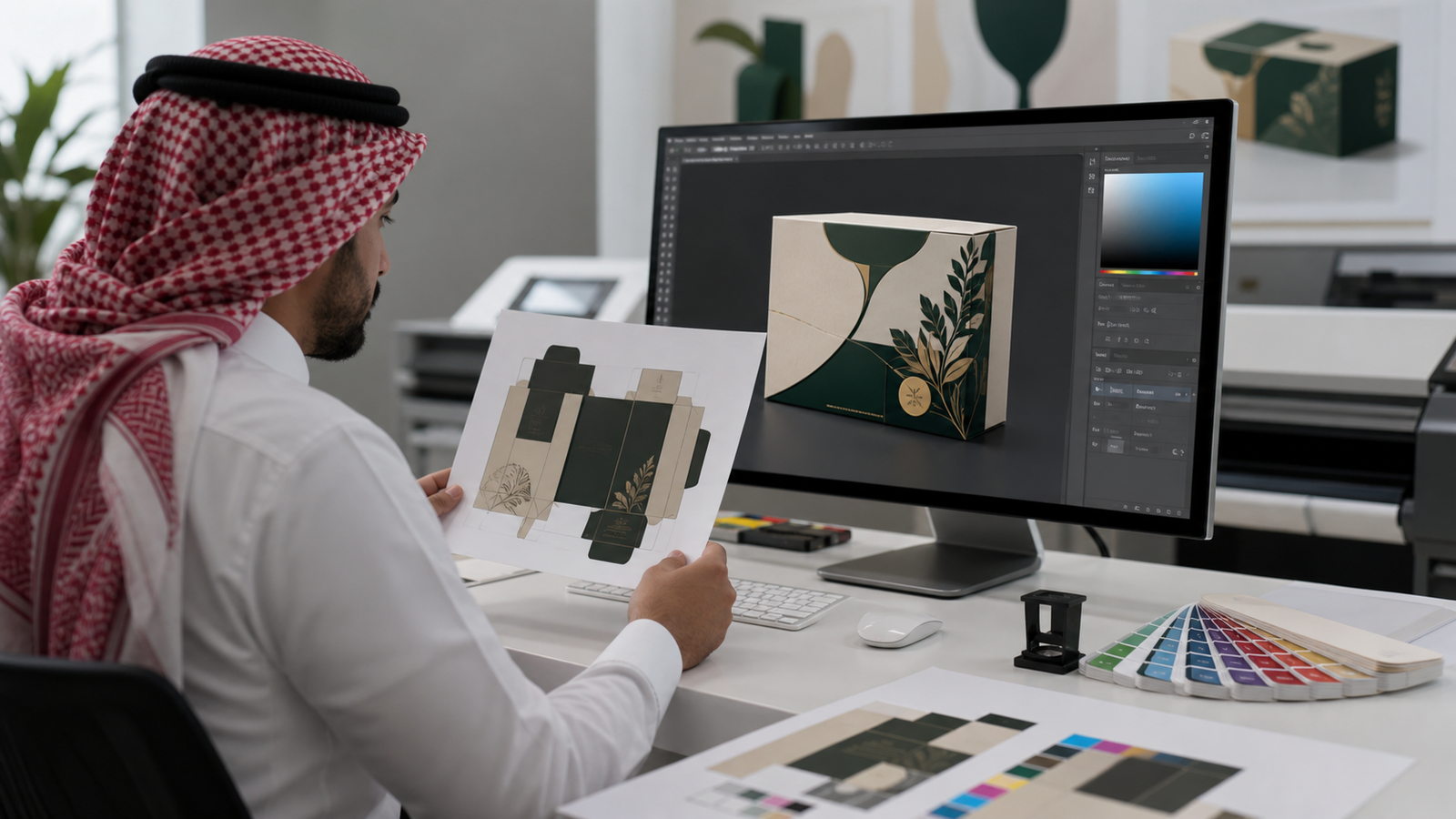 مصمم يراجع دقة تصميم مولد بالذكاء الاصطناعي قبل الطباعة