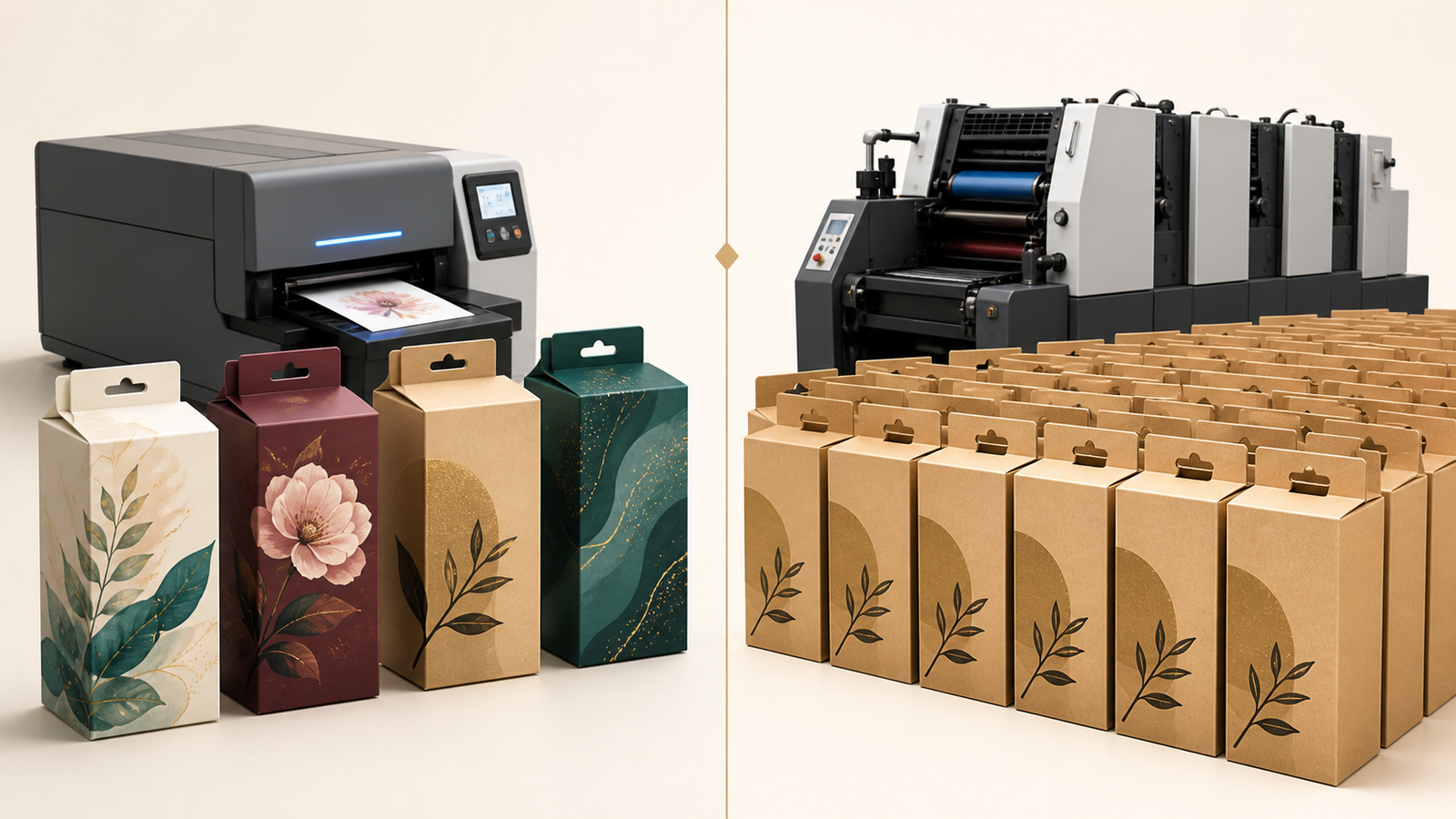 Digital short-run packaging with varied cartons compared with a large identical offset packaging run