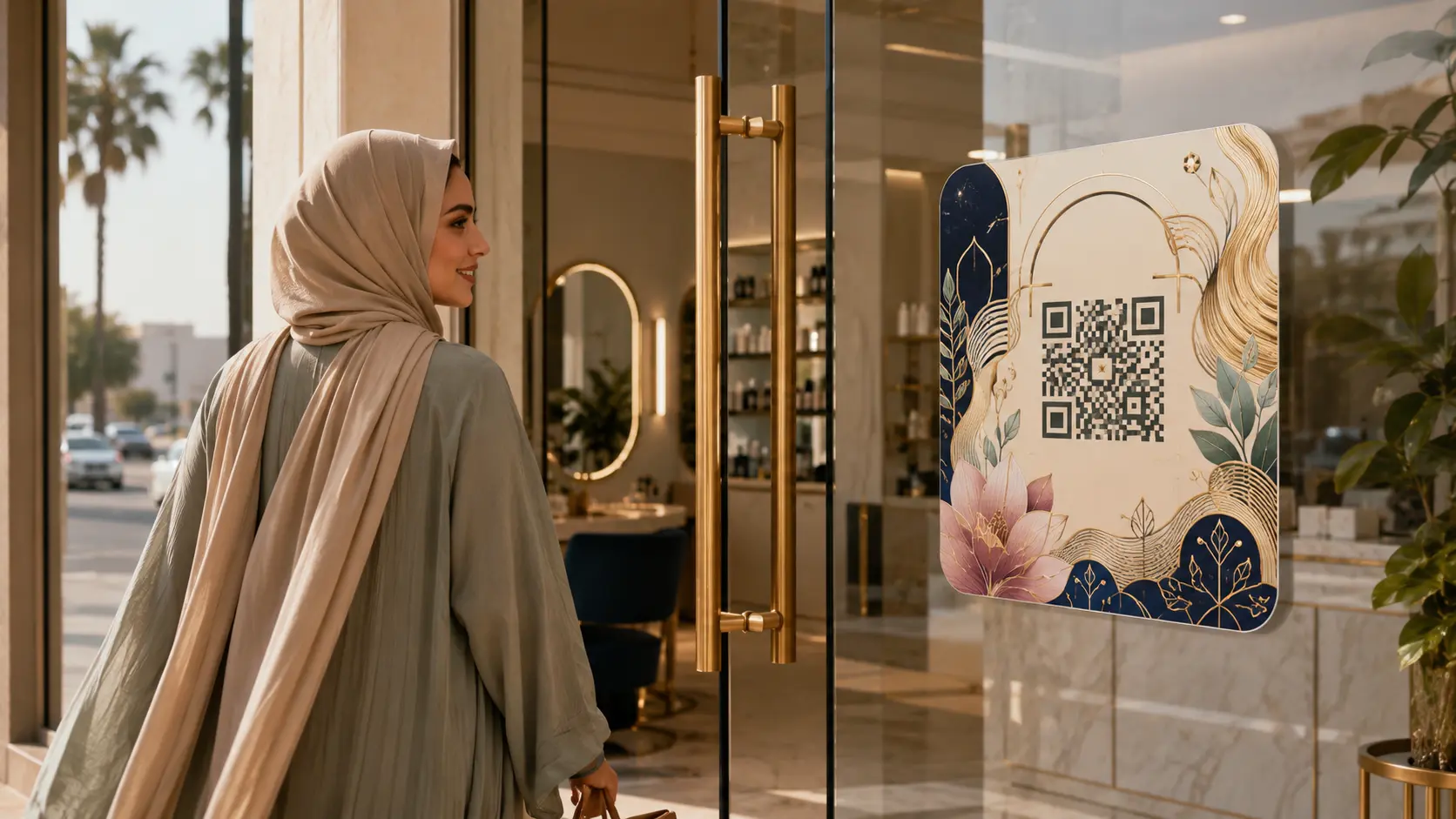 استيكر تقييم على واجهة زجاجية قرب مخرج صالون في جدة