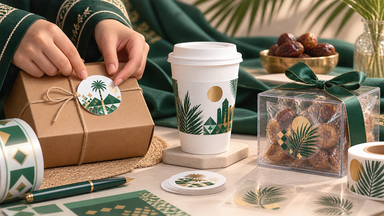 Saudi National Day packaging examples using paper, waterproof vinyl and transparent seasonal stickers