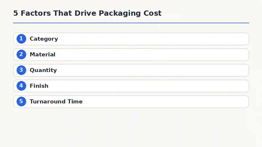 Infographic listing 5 factors that drive custom packaging cost