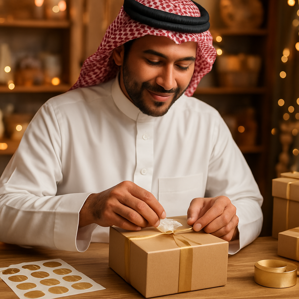 صاحب متجر سعودي يجهز صندوق هدايا باستيكرات عروض بيضاء وذهبية