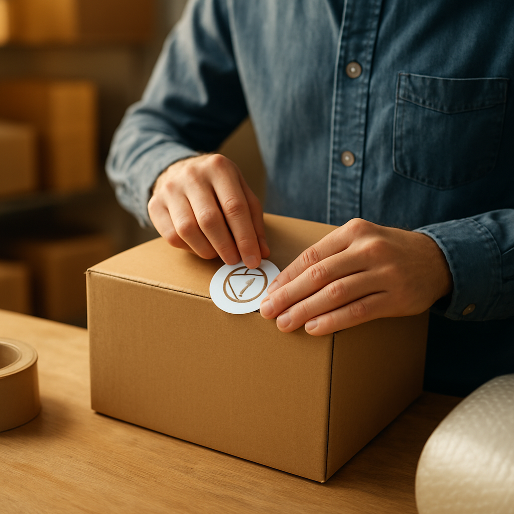 Small business owner placing a branded sticker on a plain shipping box