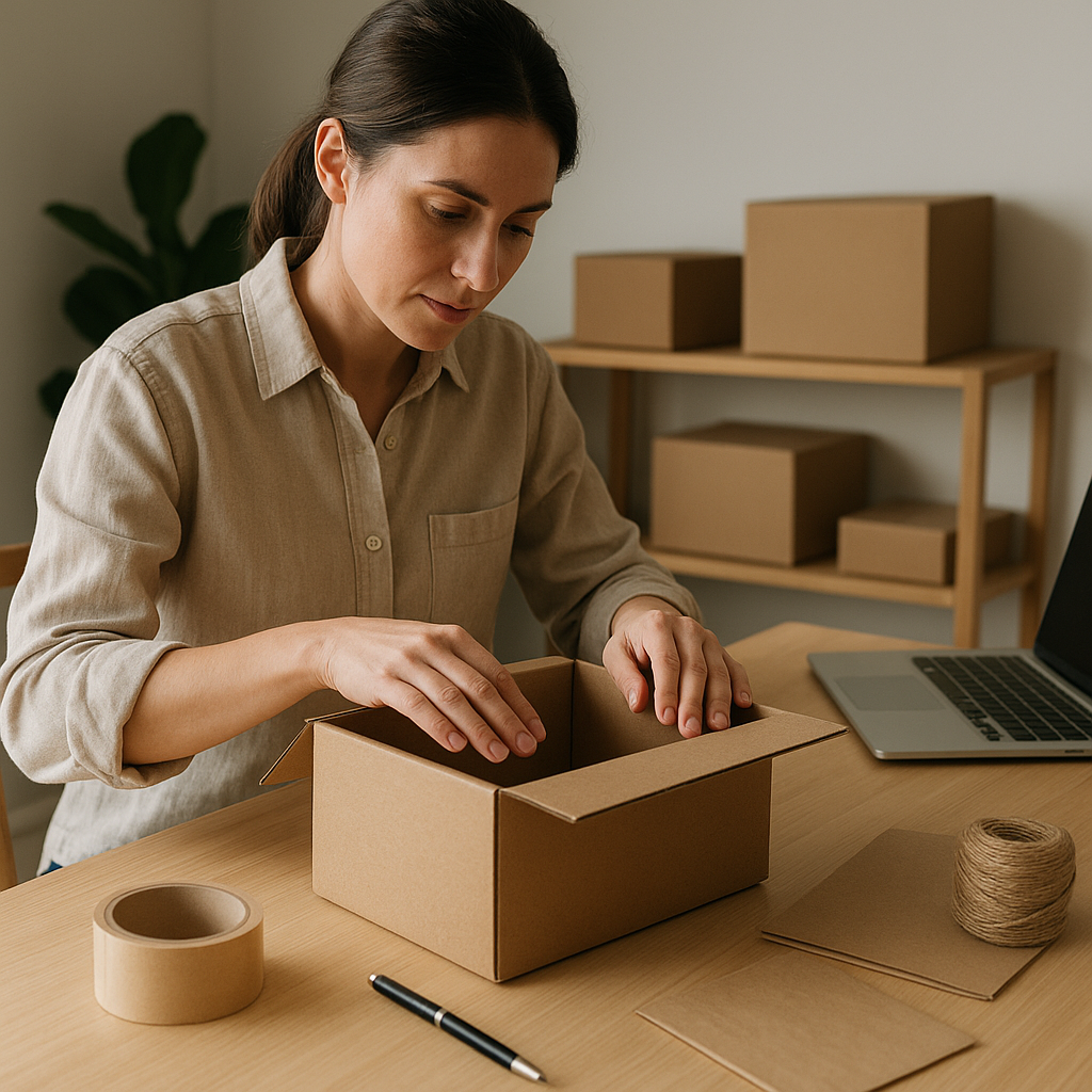 Small business owner packing a branded shipping box for an online order