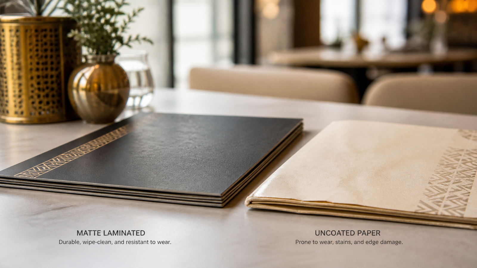 Matte-laminated restaurant menu compared with an uncoated paper menu for durability