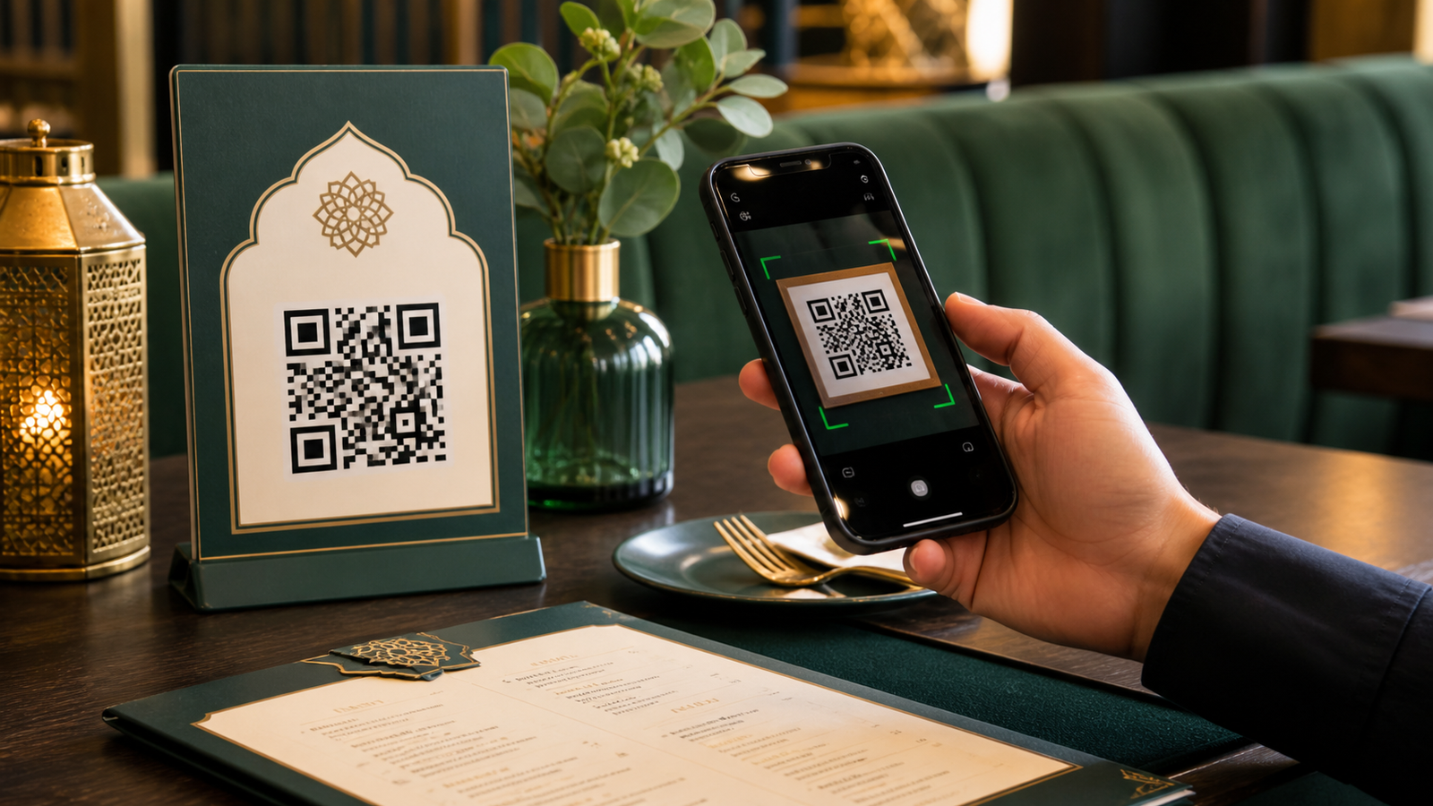 Customer scanning a high-contrast QR menu card beside a printed restaurant menu in Saudi Arabia