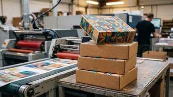 Colorful custom-printed cardboard boxes on a digital packaging press ready for short-run production