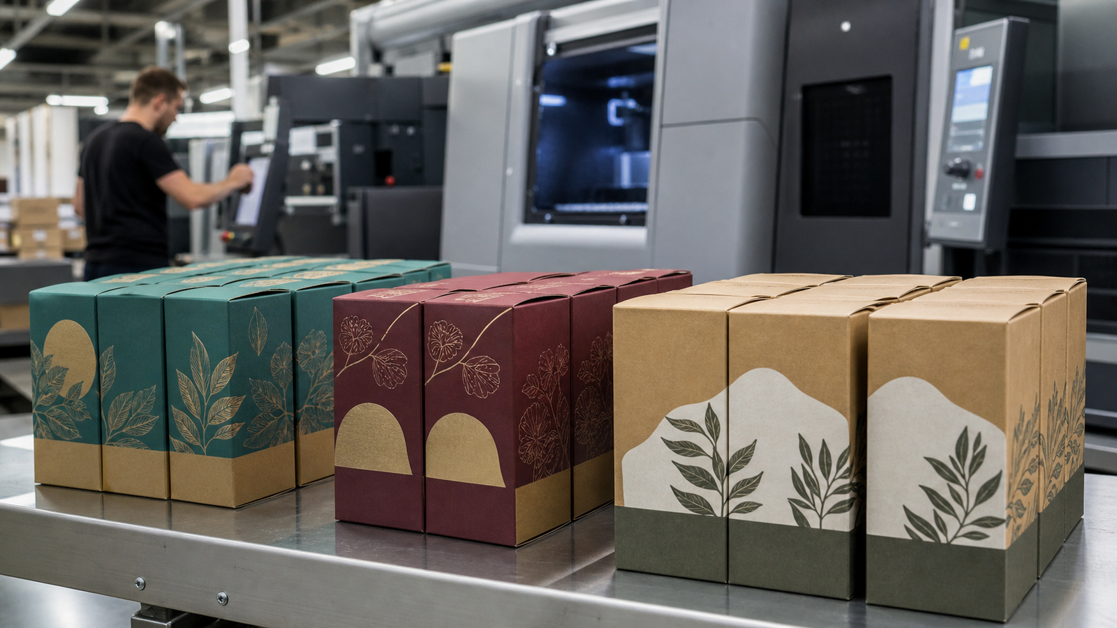 Small batches of custom packaging with different artwork versions beside a digital packaging press