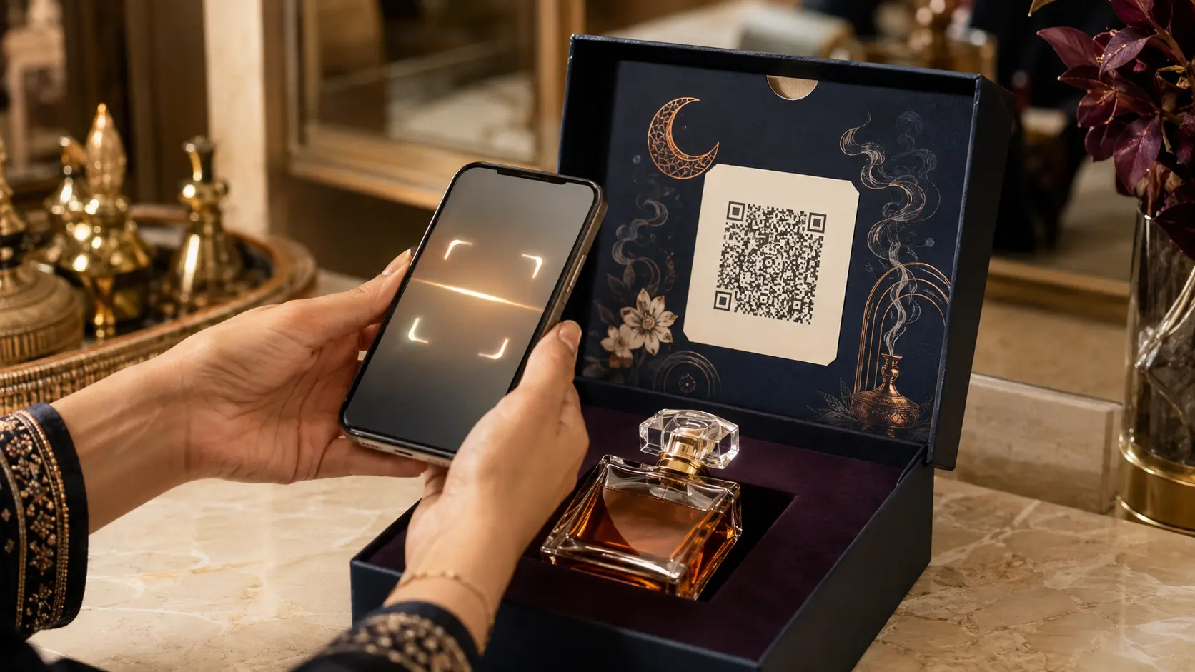 استيكر مسح هندسي داخل غطاء صندوق عطر لتسهيل إعادة الطلب