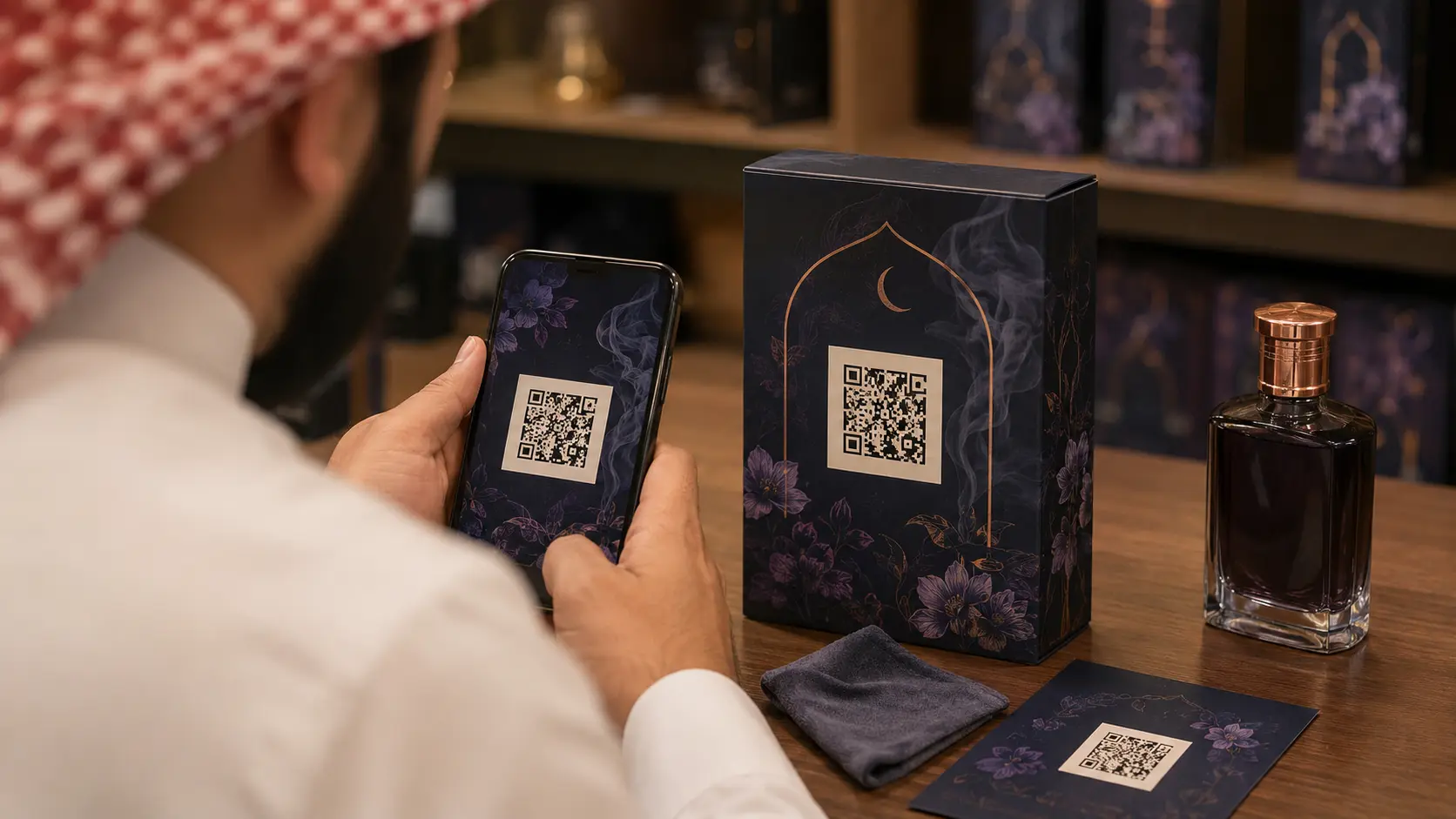 اختبار استيكر مسح على عبوة عطر نهائية للتأكد من الوضوح والثبات