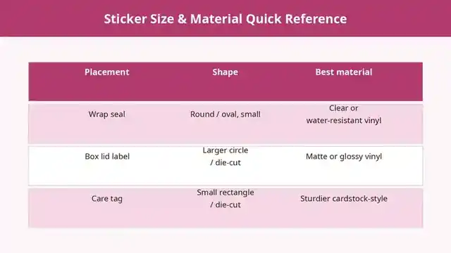 Reference table of sticker placement, shape, and best material for flower shops