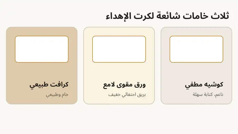 مقارنة ثلاث خامات شائعة لكرت الإهداء: كوشيه مطفي وورق مقوى لامع وكرافت طبيعي