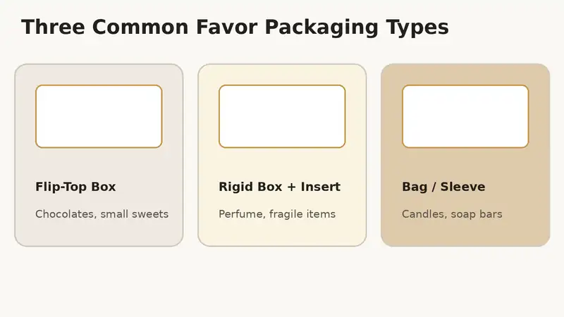 Comparison of three common wedding and event favor packaging types: flip-top box, rigid box with insert, and printed bag