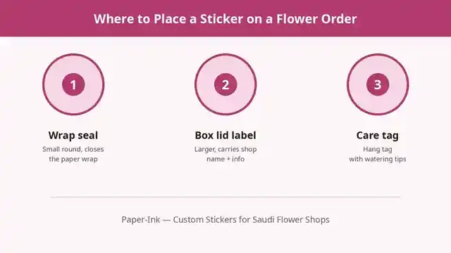 Diagram showing three sticker placements: wrap seal, box lid label, and care tag