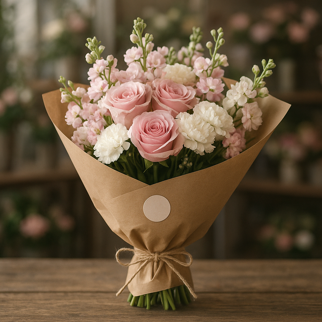 Wrapped flower bouquet in kraft paper with a round sticker seal