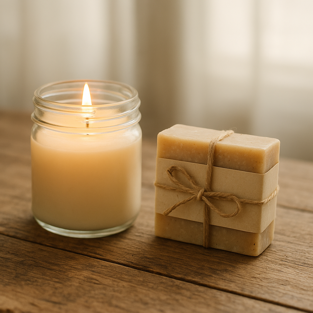 Lit candle jar beside a handmade soap bar with blank labels