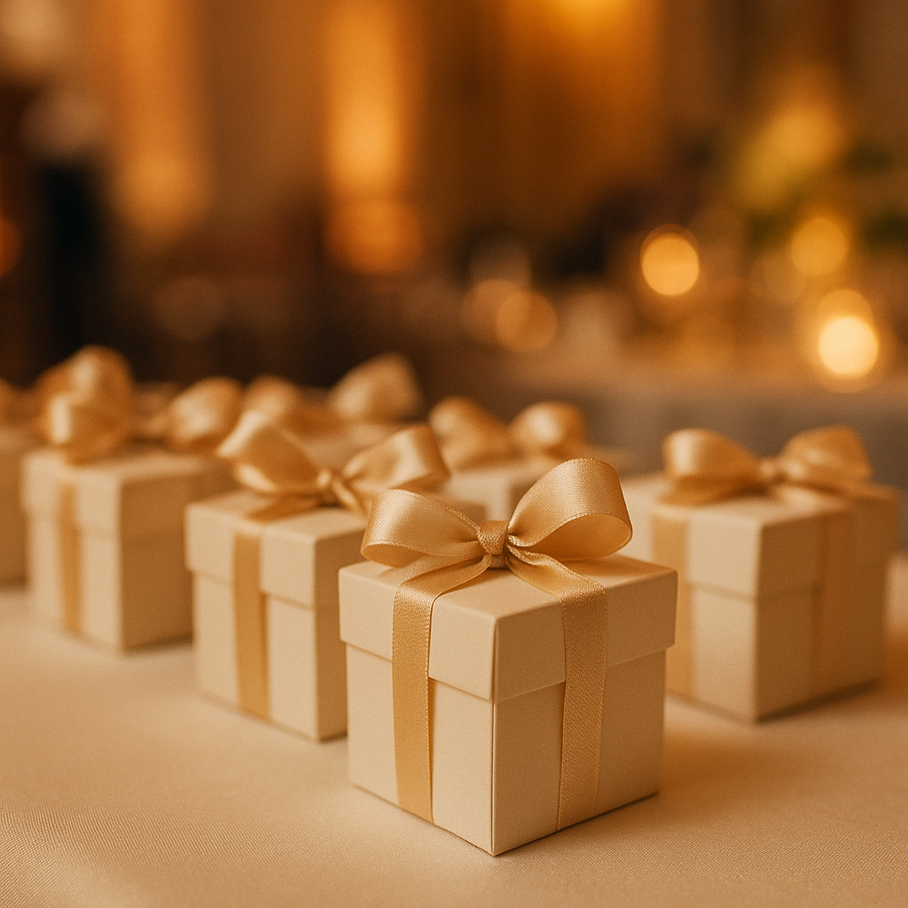 A row of small identical wedding favor gift boxes tied with ribbon, arranged on a table at a wedding reception, warm elegant lighting, realistic photography, shallow depth of field, no text, no logos, no readable words in the image