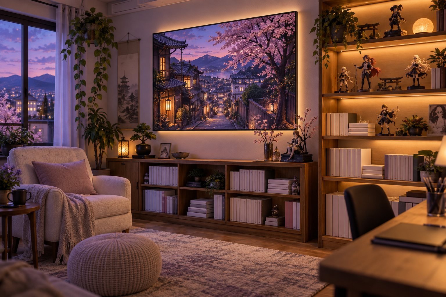 Anime room with illuminated figurine and manga shelves and Japanese street artwork at twilight