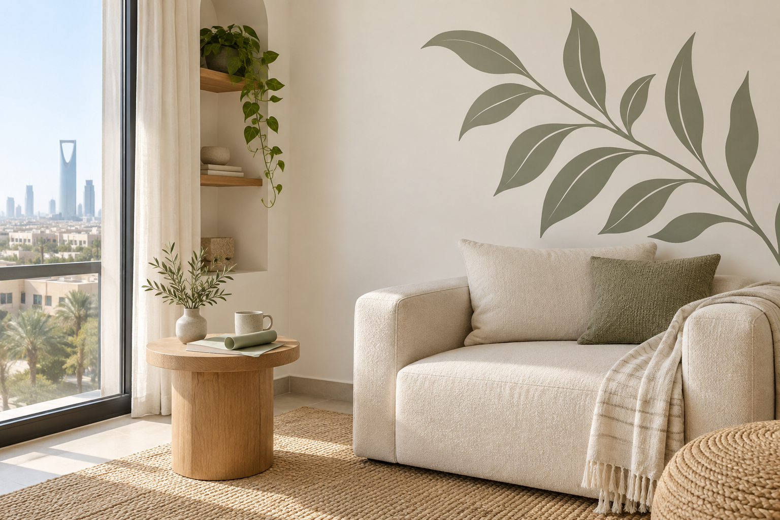 Sage botanical wall decal behind a sofa in a naturally lit living corner