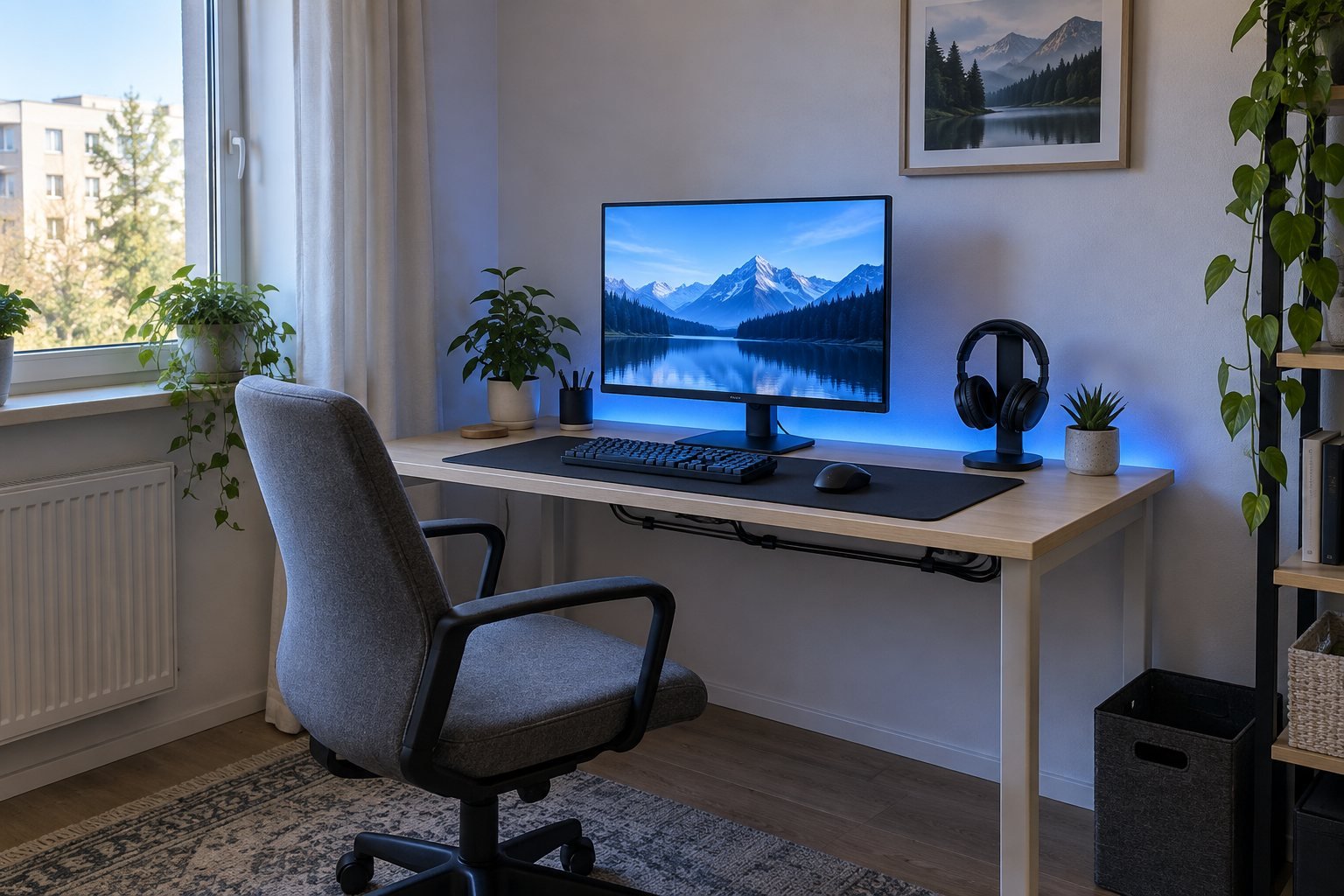 Simple gaming desk with one monitor, fabric chair, organized cables and blue backlighting