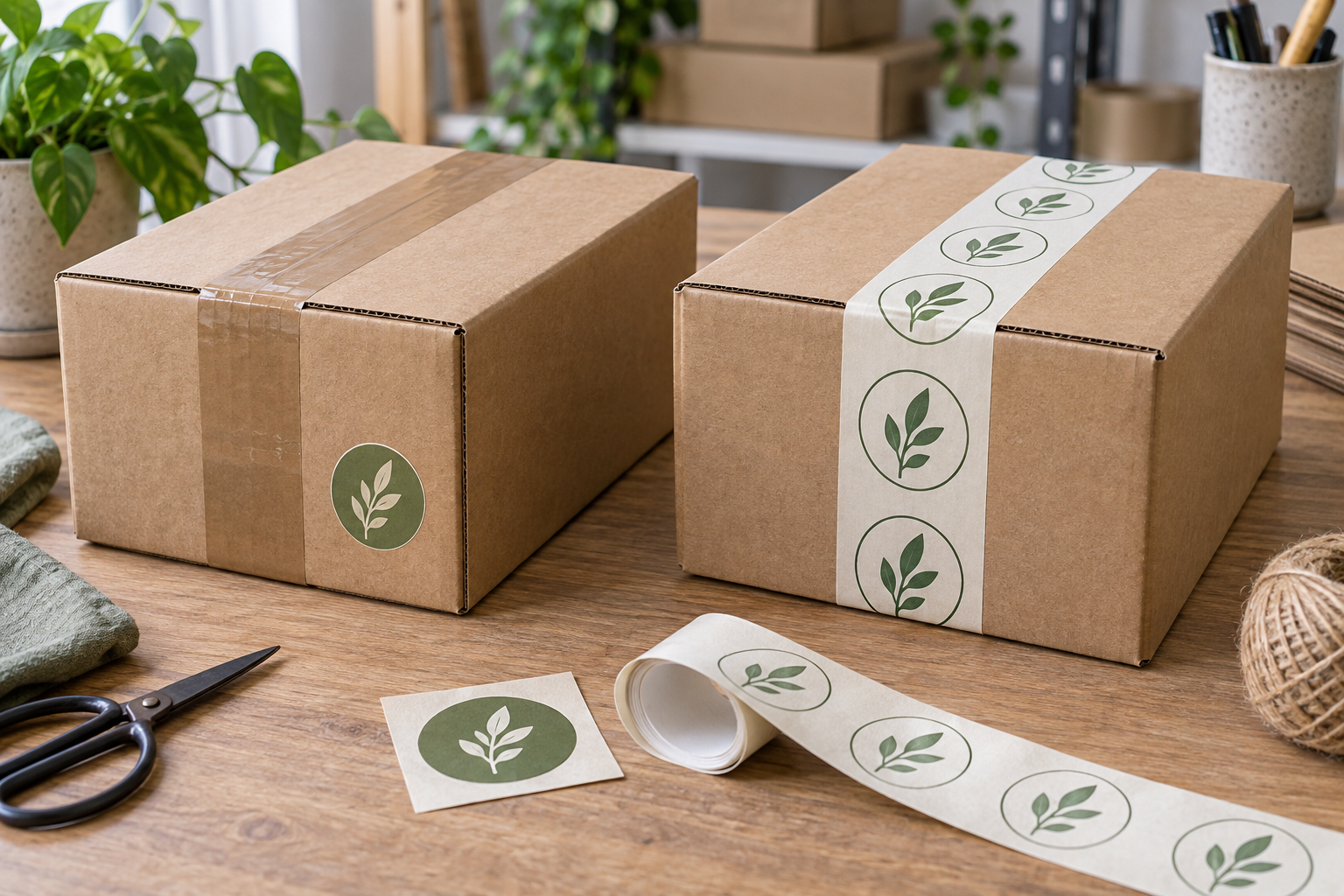 Shipping cartons comparing plain packing tape with a brand sticker and printed sealing tape