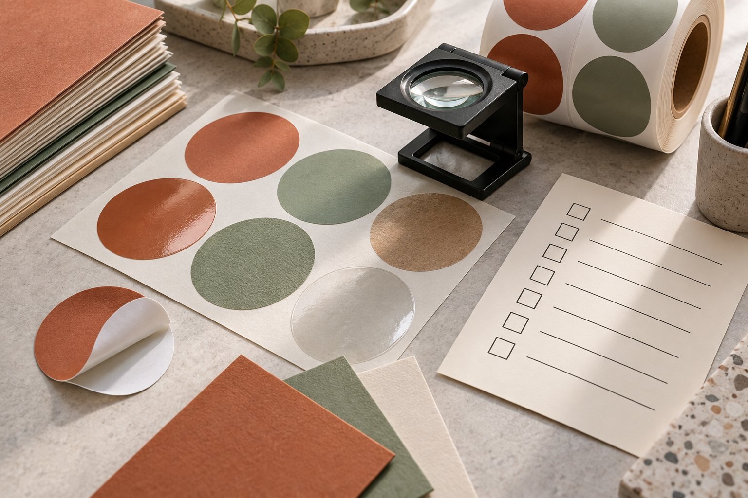 Material swatches and a peeled sticker sample beside a magnifying loupe and seven-item checklist