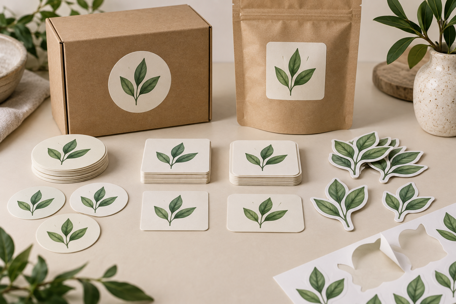Circle, square and leaf-shaped die-cut stickers beside kraft packaging