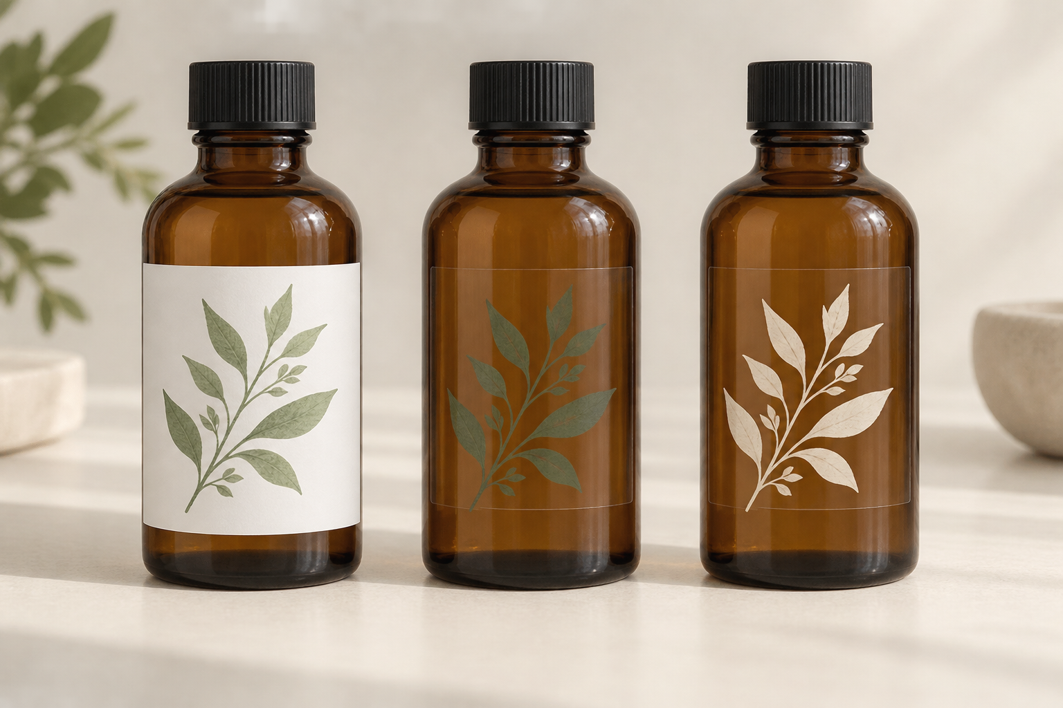 Three amber bottles comparing an opaque white label, transparent green print and white print on clear film