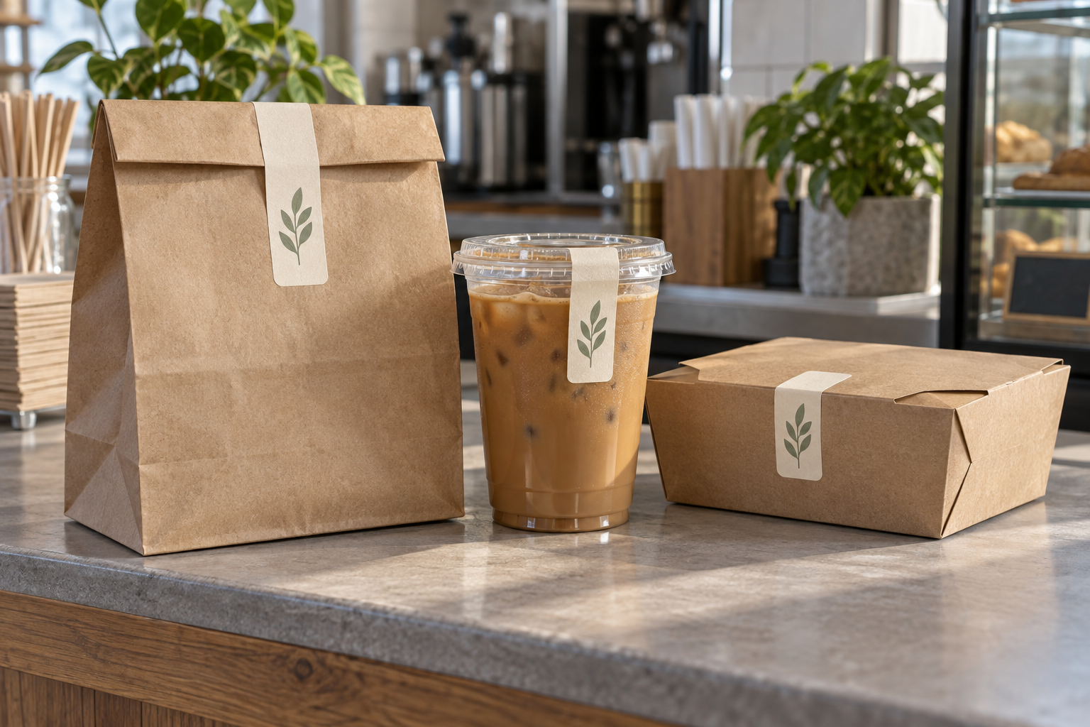 Paper bag, drink cup and food box with coordinated sealing strips