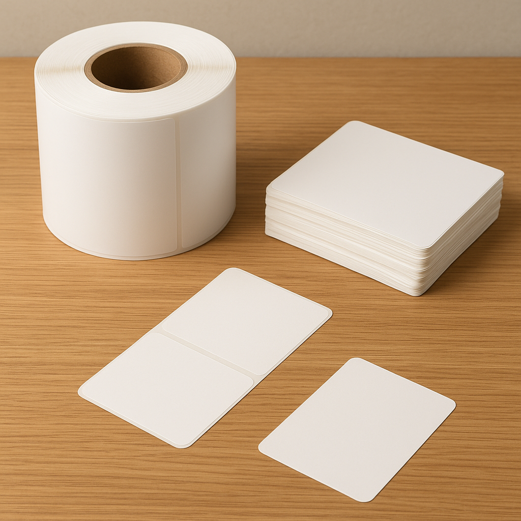 Blank product labels and a vinyl sticker roll on a desk