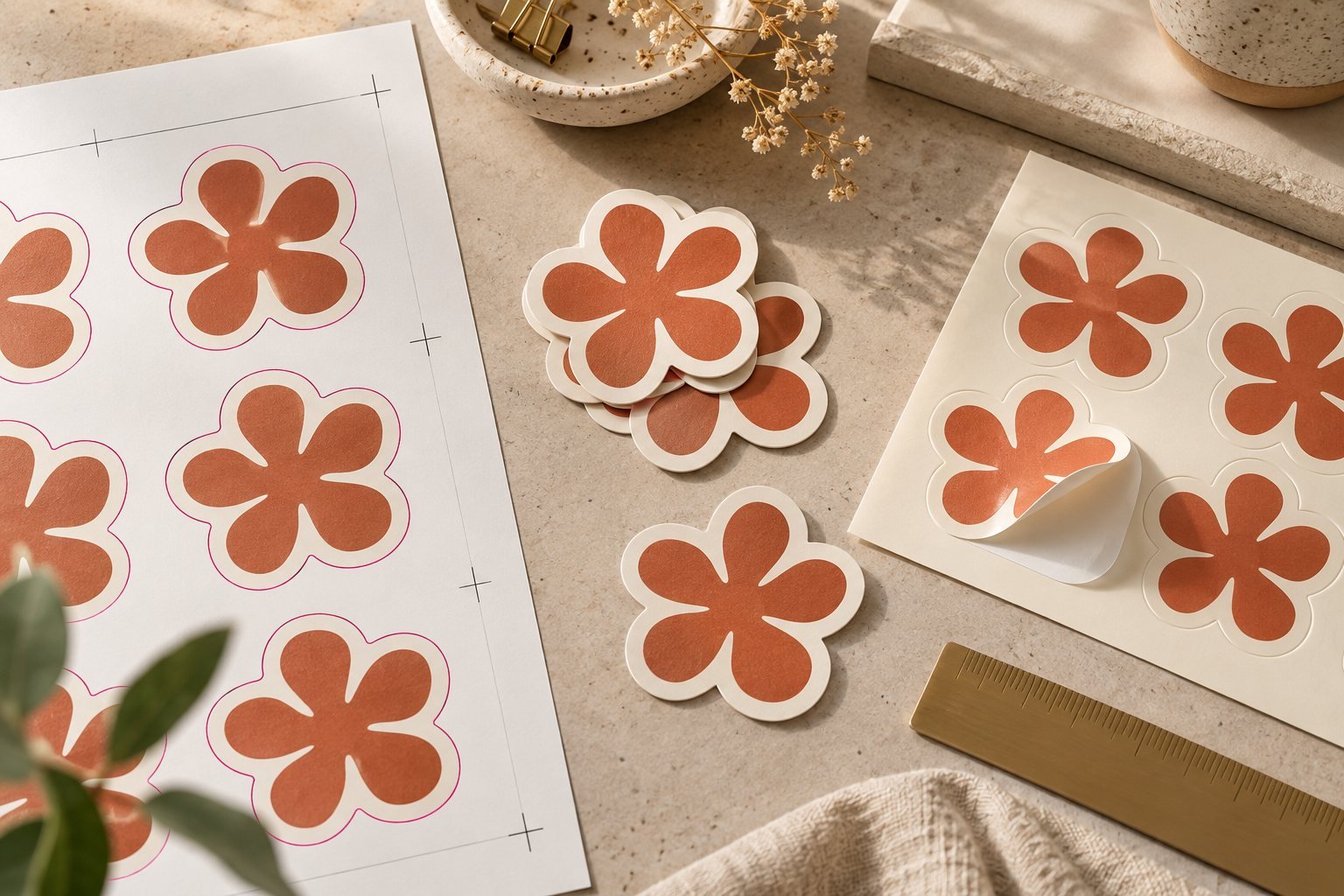 Flower-shaped die-cut stickers, a kiss-cut sheet and a printed proof with magenta cut outlines