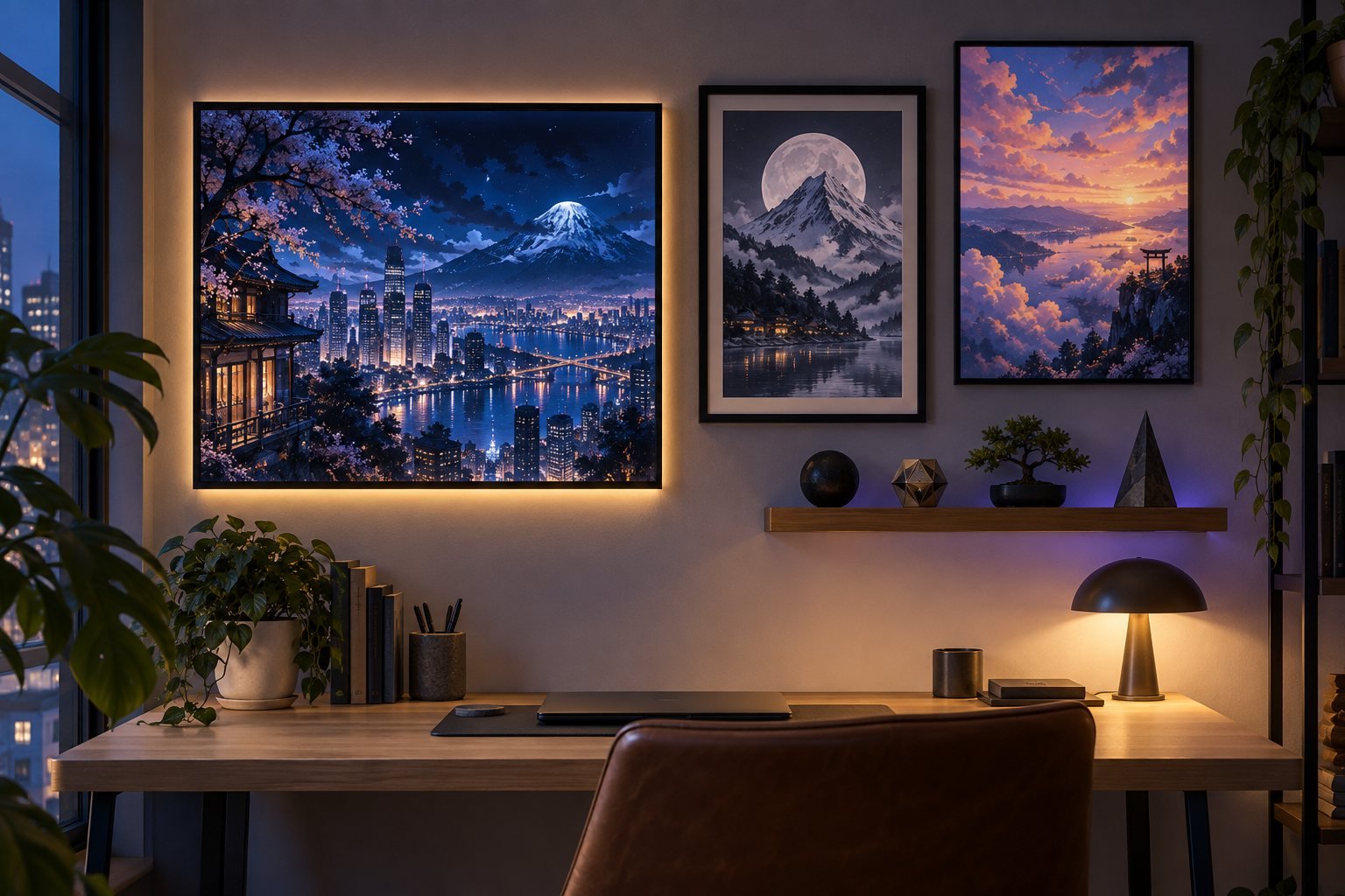 Gaming and anime wall art with a glowing cityscape, framed mountain prints and a floating shelf