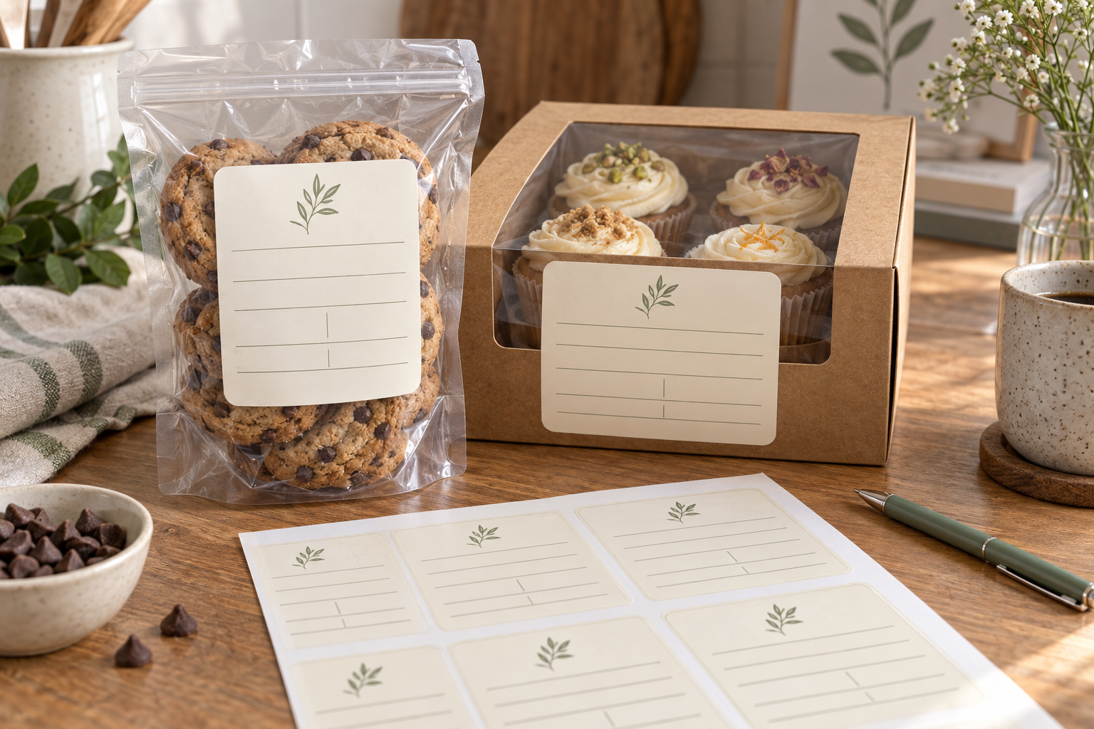 Cookie pouch and cupcake box with spacious structured information label layouts