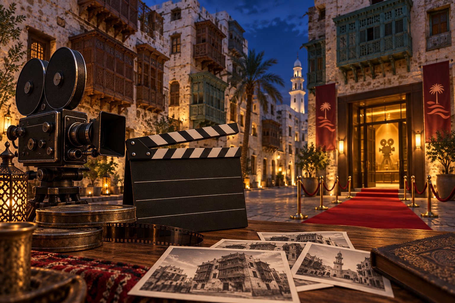 تصور فني لكاميرا سينمائية وكلاكيت وصور تذكارية أمام مبانٍ مستوحاة من جدة التاريخية