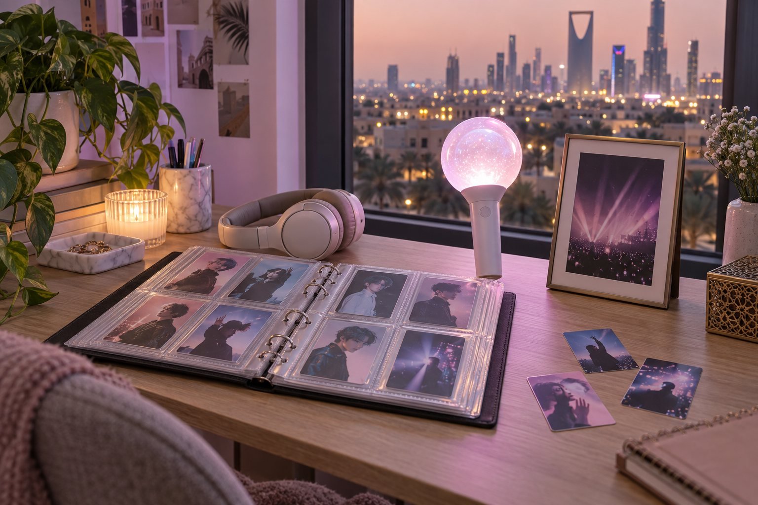 K-pop-inspired photocard binder, lightstick and headphones arranged on a desk overlooking Riyadh
