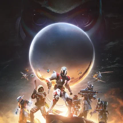Squad of armored guardians on a rocky ridge before a glowing planet