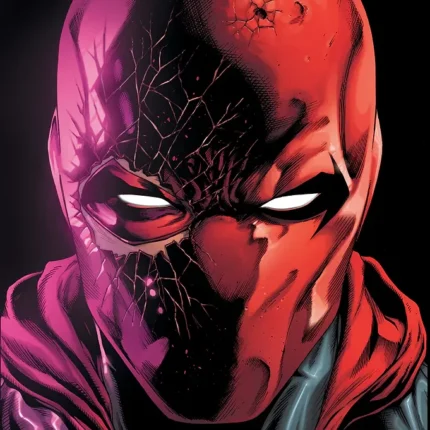 Comic close-up of a cracked red helmet with white glowing eyes
