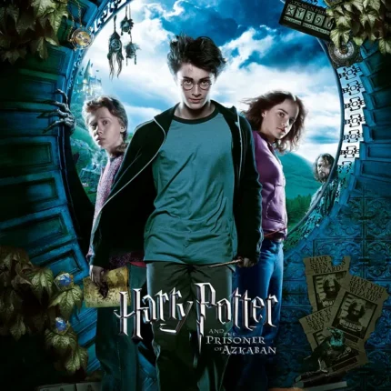 Harry Potter and the Prisoner of Azkaban poster with three students in an arched ivy window