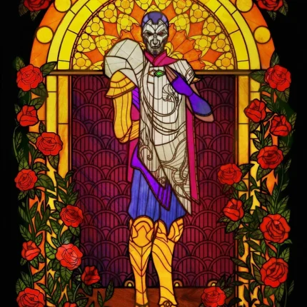 Stained-glass style figure under a golden arch surrounded by red roses