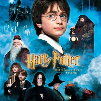 Harry Potter and the Philosopher's Stone poster with a boy in glasses, castle and train