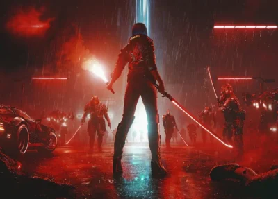 LumiPoster — Red neon rain warrior with a glowing katana