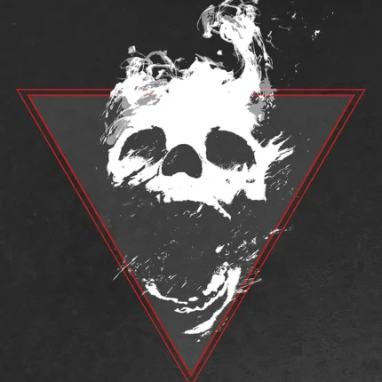 White smoky skull inside a red inverted triangle on a dark gray background