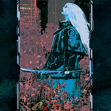Tarot-style card of a white-haired figure in a long coat labeled Empress