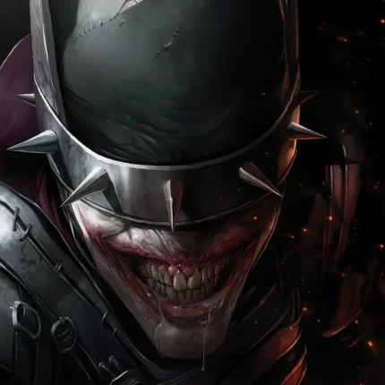 Close-up of a spiked bat-style mask with a wide toothy grin on black