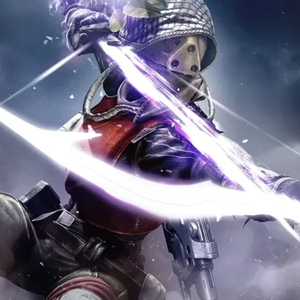 Masked armored warrior swinging a glowing purple energy blade