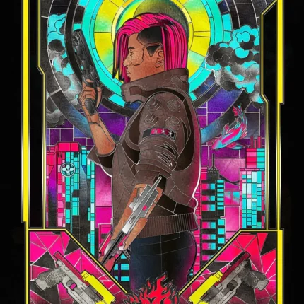 Stained-glass style pink-haired character with a pistol in a cyan and magenta city frame