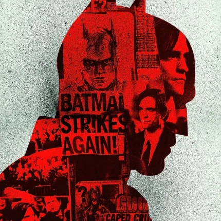 Red bat silhouette filled with newspaper clippings reading Batman Strikes Again